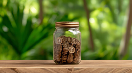 Glass jar filled with assorted coins on a wooden table with a blurred green background symbolizing savings budget and wealth management. A money jar brimming with currency on rustic wood
