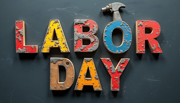 Labor Day Celebration: A colorful display of 'Labor Day' in bold, textured lettering, accented with a hammer, set against a contrasting backdrop. Expressing dedication to labor and hard work.