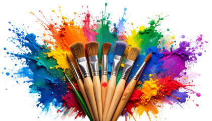 Splashes of color and artistic brushwork create an explosion of vibrant design on a white background