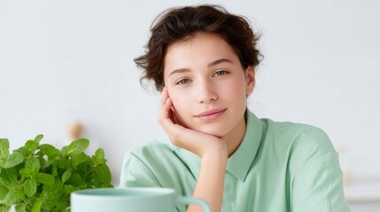 A young woman with a gentle smile rests her chin on her hand. This serene image captures a moment of relaxation and contemplation. Perfect for wellness themes. AI