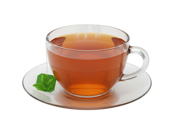 Isolated Glass Tea Cup with Bag and Green Leaf