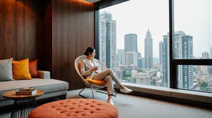 Obraz na płótnie Canvas Young woman holding a coffee cup, wearing a suit and looking at the cityscape through the window in a luxury penthouse apartment or hotel room.