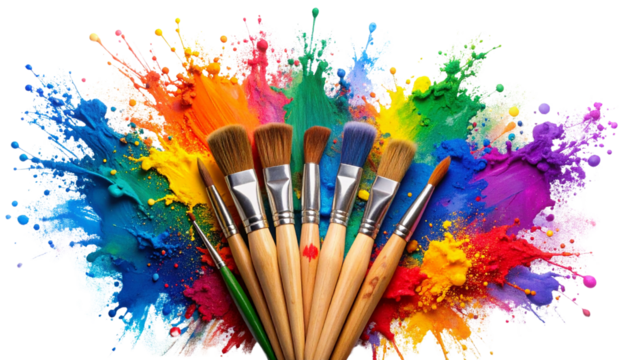 Splashes of color and artistic brushwork create an explosion of vibrant design on a white background