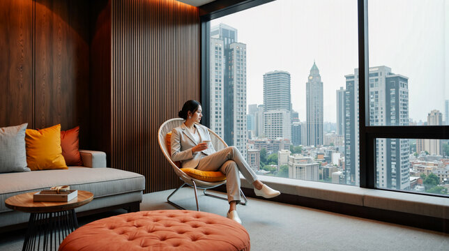 Young woman holding a coffee cup, wearing a suit and looking at the cityscape through the window in a luxury penthouse apartment or hotel room.