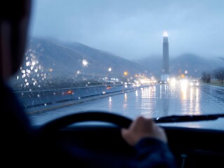 A driver navigates a rainy evening. The blurred city lights glisten on the wet road. The moody atmosphere adds mystery and depth. A captivating urban scene captured beautifully. AI