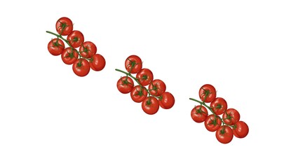 Red Cherry Tomato With Clipping Path Isolated on White Background. Italian Cherry Tomatoes Isolated Banner Illustration, Bunch, Salad, Vegetables, Vegan, Sweet, Juicy, Tasty, Garden, Bio, Closeup, Top