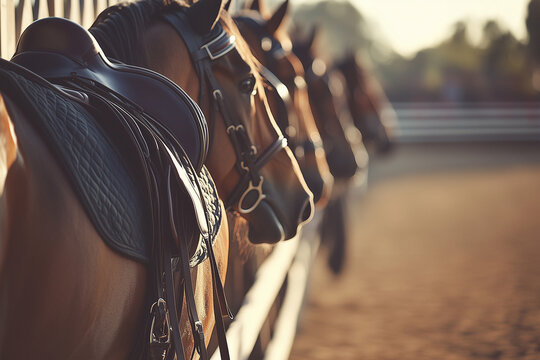 Saddled horses lined up with horse tack at riding arena