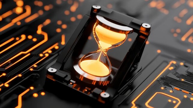Digital hourglass on glowing circuit board symbolizing time and technology. Futuristic concept of time management and tech progress. A glowing circuit board displays a digital timer