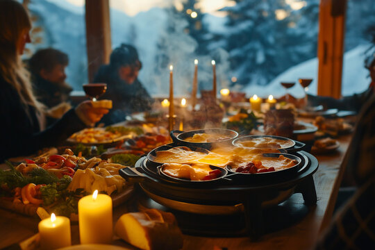 Friends enjoying raclette dinner in alpine chalet with candlelight