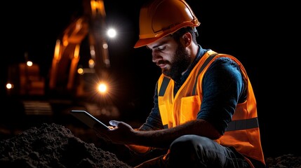 Construction worker in high visibility vest using tablet on site with heavy machinery in the background. Technology integration in construction. Digital innovation boosts building site