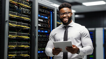 Joyful African American IT engineer uses tablet in server room. Modern data center, information storage, digital network, connection. Wireless mobile tech, electronic science and global business