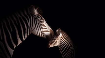 A captivating moment between a zebra and its young. The image showcases their unique stripes and gentle interaction in a dark setting. This style emphasizes emotional connection. AI