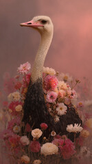 Ostrich surrounded by pink and white flowers at sunset