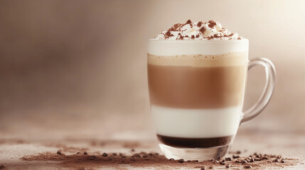 Glass of melange coffee with whipped cream and chocolate