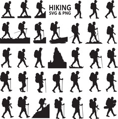 Fototapeta premium Large collection of diverse hiking and trekking silhouettes for outdoor adventure