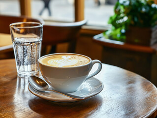 Melange coffee with water on wooden table in café