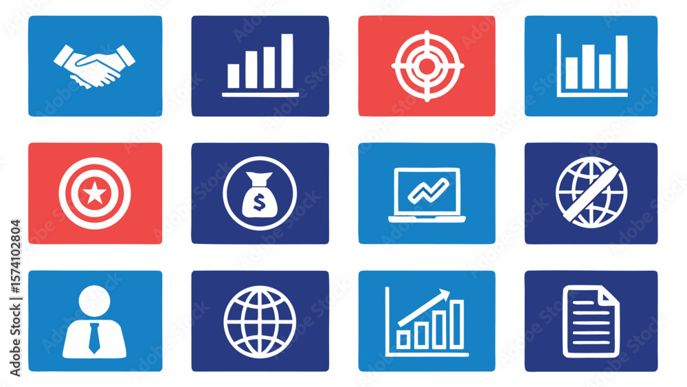 Poster collection of twelve business and finance icons in a grid layout on blue and red backgrounds