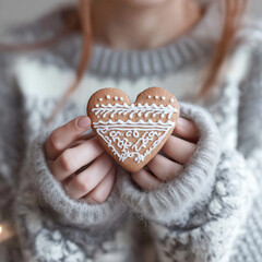 Woman holding decorated gingerbread heart cookie in hands