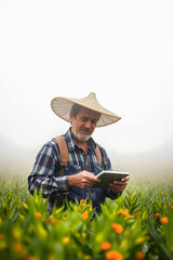 A smiling farmer in a plaid shirt and conical hat stands in a vibrant field of orange flowers, looking at a tablet in his hands amidst a misty background.
