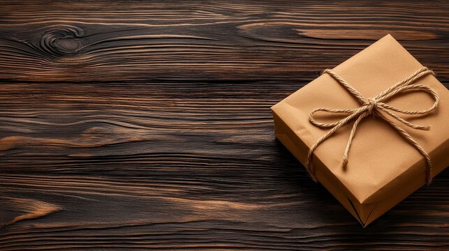 Close up of a small brown paper bag tied with string placed on a wooden surface with soft focus background. Rustic kraft paper pouch tied neatly upon weathered wood grain tabletop gently