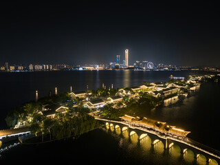 skyline at sunset in Suzhou, China
