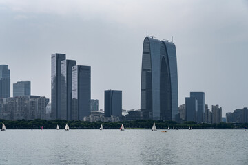 skyline at sunset in Suzhou, China