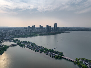 skyline at sunset in Suzhou, China