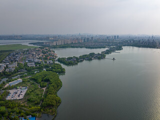 skyline at sunset in Suzhou, China