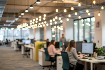 Fototapeta premium Blurred Modern Open Office Space With Bright Hanging Lights