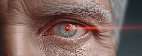A close-up of an eye with a futuristic red laser beam emanating, symbolizing advanced technology and innovation