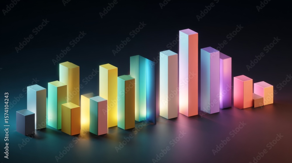 Poster colorful d bar chart with varying heights on a sleek surface, illuminated by soft lighting, creating