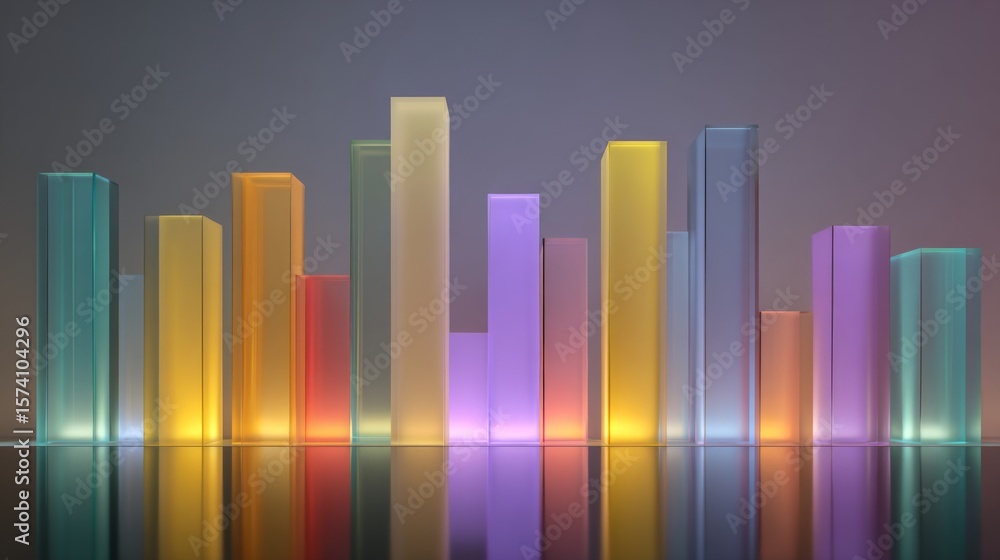 Poster colorful d bar chart with varying heights on a sleek surface, illuminated by soft lighting, creating