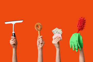 Female hands with cleaning supplies and money on color background