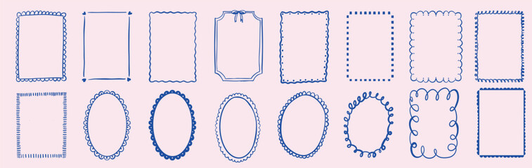 Whimsical Vintage frame for greeting cards, wedding and birthday party, picnic invitations in cute quirky coquette style. Hand drawn ribbons wavy doodle scribble border illustration set.