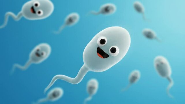 Animated sperm cells in motion with cartoon faces against a light blue gradient background
