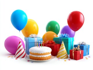 A vibrant birthday celebration scene with colorful balloons and gifts. A delicious cake sits in the center, inviting joy and fun. Perfect for party-themed designs. AI