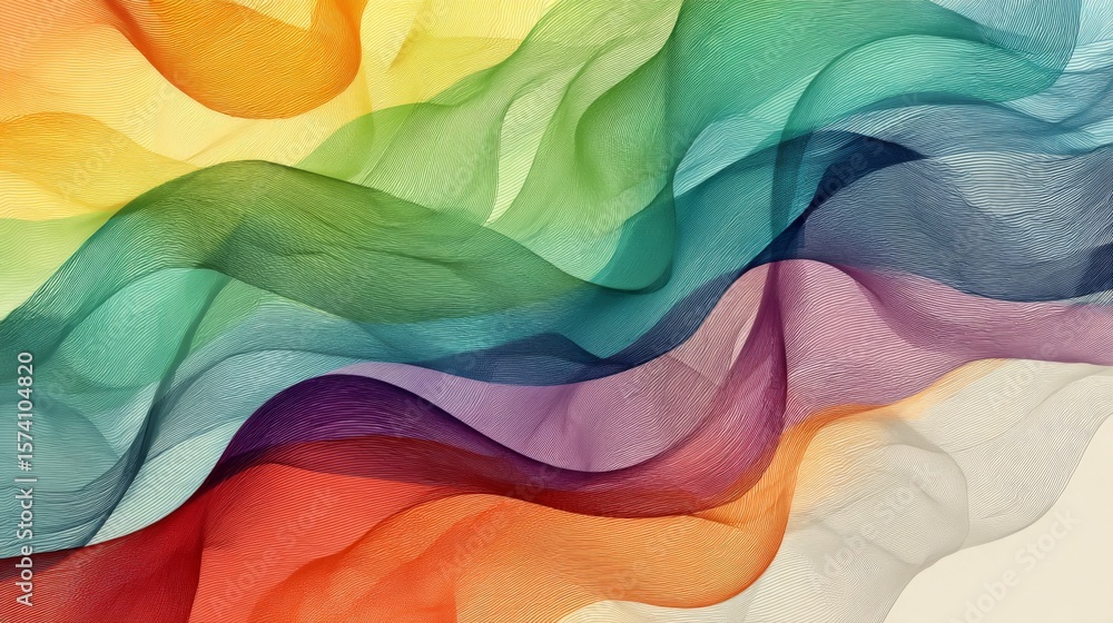 Poster colorful wavy lines blending into each other, creating a smooth gradient effect against a light back