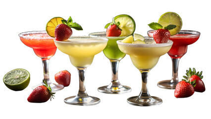 A vibrant collection of strawberry and lime margaritas in elegant glasses isolated on transparent background