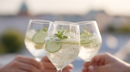 Group of friends clink glasses filled with Spa Spritz, enjoying a vibrant summer evening on a rooftop