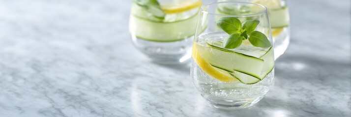 Spa spritz cocktails with cucumber, lemon slices, and basil garnish arranged on a stylish marble counter