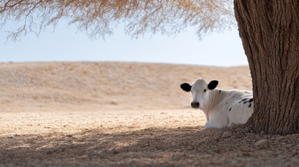 A white cow is lying comfortably in the shade of a tree, surrounded by dry earth, showcasing a peaceful rural scene in hot weather