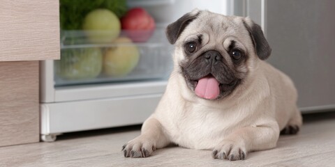 A pug dog rests comfortably on the floor beside an open refrigerator, avoiding scorching heat during a severe summer heatwave