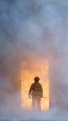 Firefighter stands at the threshold of flames and smoke, demonstrating courage and resilience in extreme heat environment