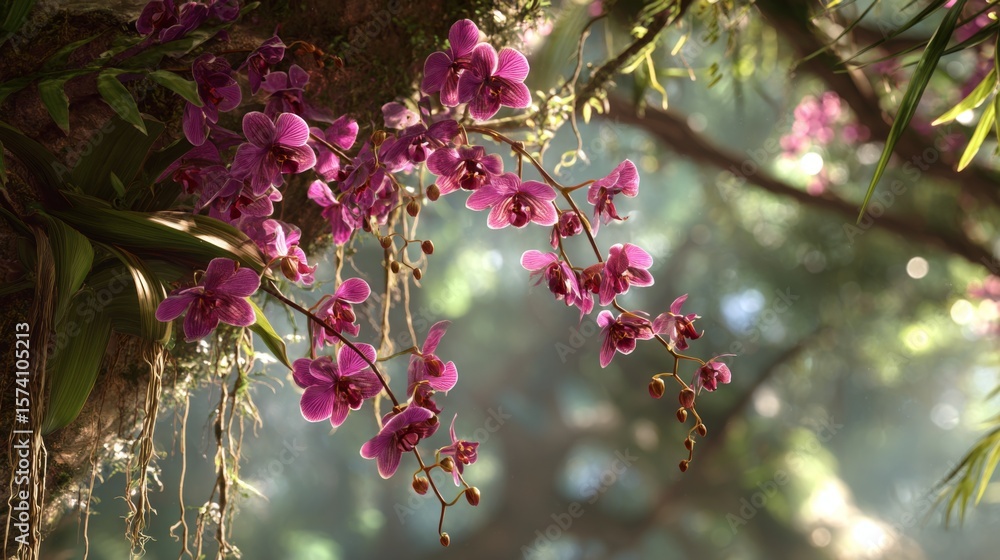 Poster exotic orchids draping from a tree, with soft sunlight filtering through the canopy.