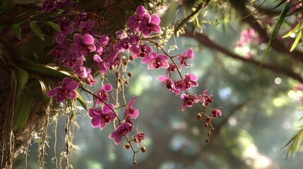 Exotic orchids draping from a tree, with soft sunlight filtering through the canopy.