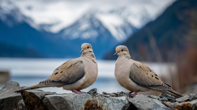 Doves in soft focus, perched side by side on a rocky ledge with a scenic mountain backdrop, capturing peace in a natural setting.