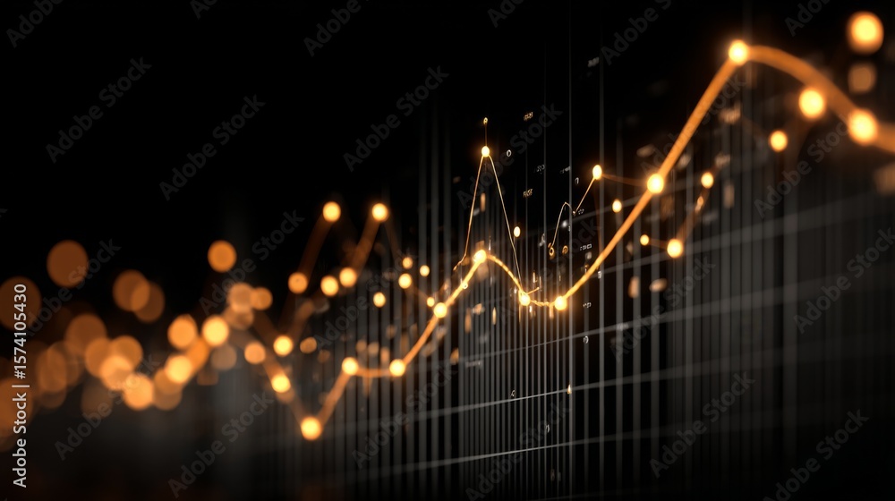 Poster financial trend graph with rising and falling lines on a black background, glowing points highlighti