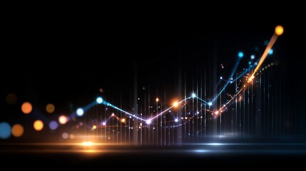 Financial trend graph with rising and falling lines on a black background, glowing points highlighting key data points, modern aesthetic.
