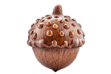 Close-up of a brown wooden acorn with water droplets isolated on white or transparent png
