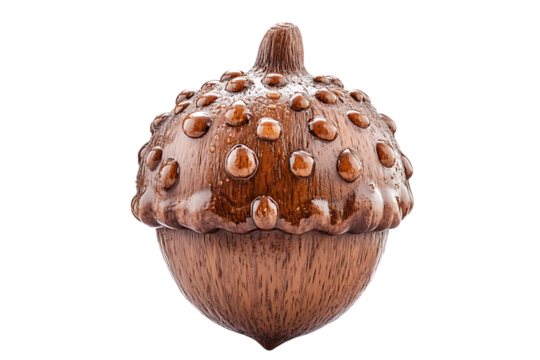 Close-up of a brown wooden acorn with water droplets isolated on white or transparent png
